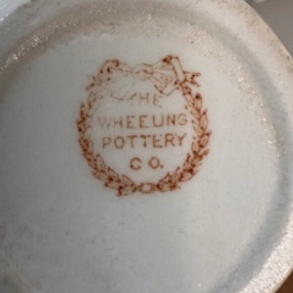 Wheeling Pottery Antique Pitcher White Embossed Floral Ruffled‎ Rim Vase Yellow - Picture 7 of 7